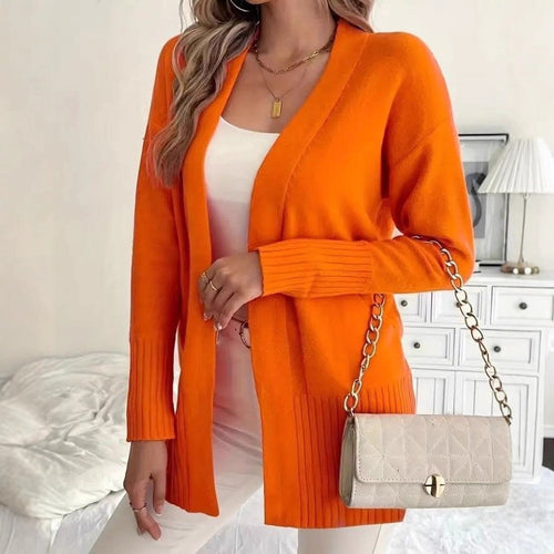 Ladies Long Knit Cardigan with fine ribbed details and a relaxed fit Amarae