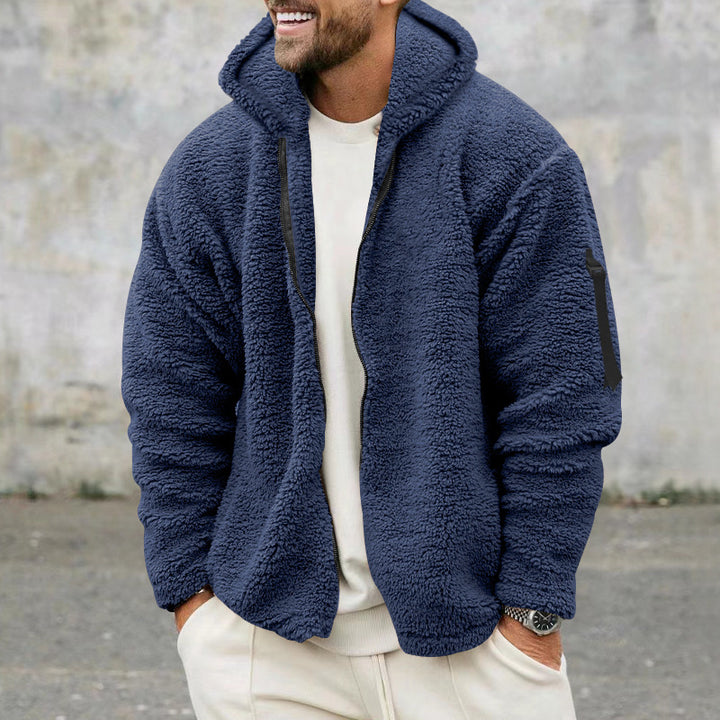 Cozy fleece jacket for men with hood and practical zippers Lune London