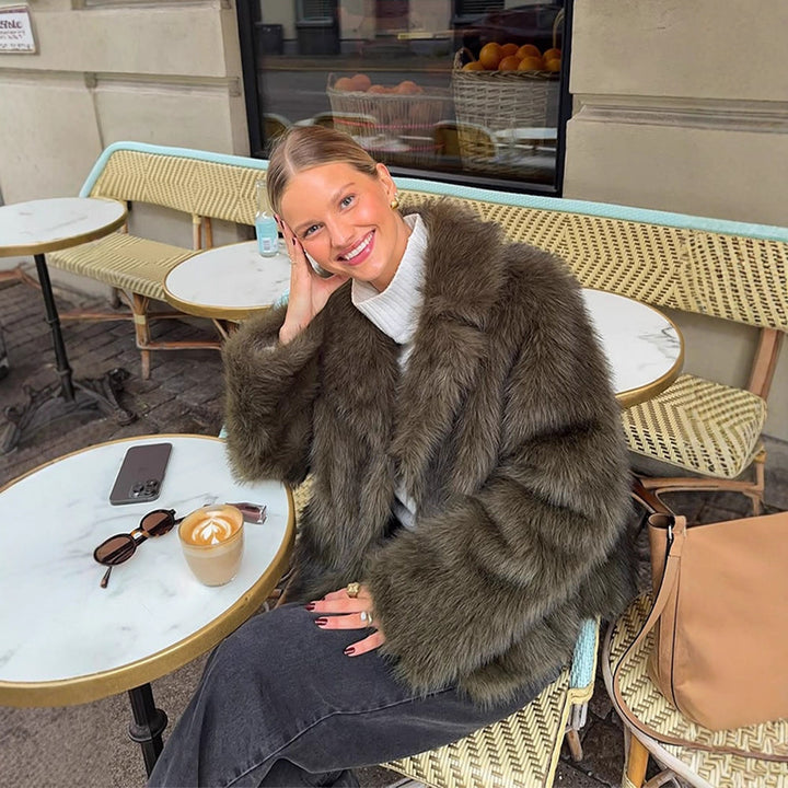 Women's Boxy Faux Fur Jacket with Voluminous Shawl Collar and Soft Teddy Texture Amarae