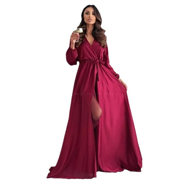 Elegant maxi dress with high slit for women with wrapped detail Lune London