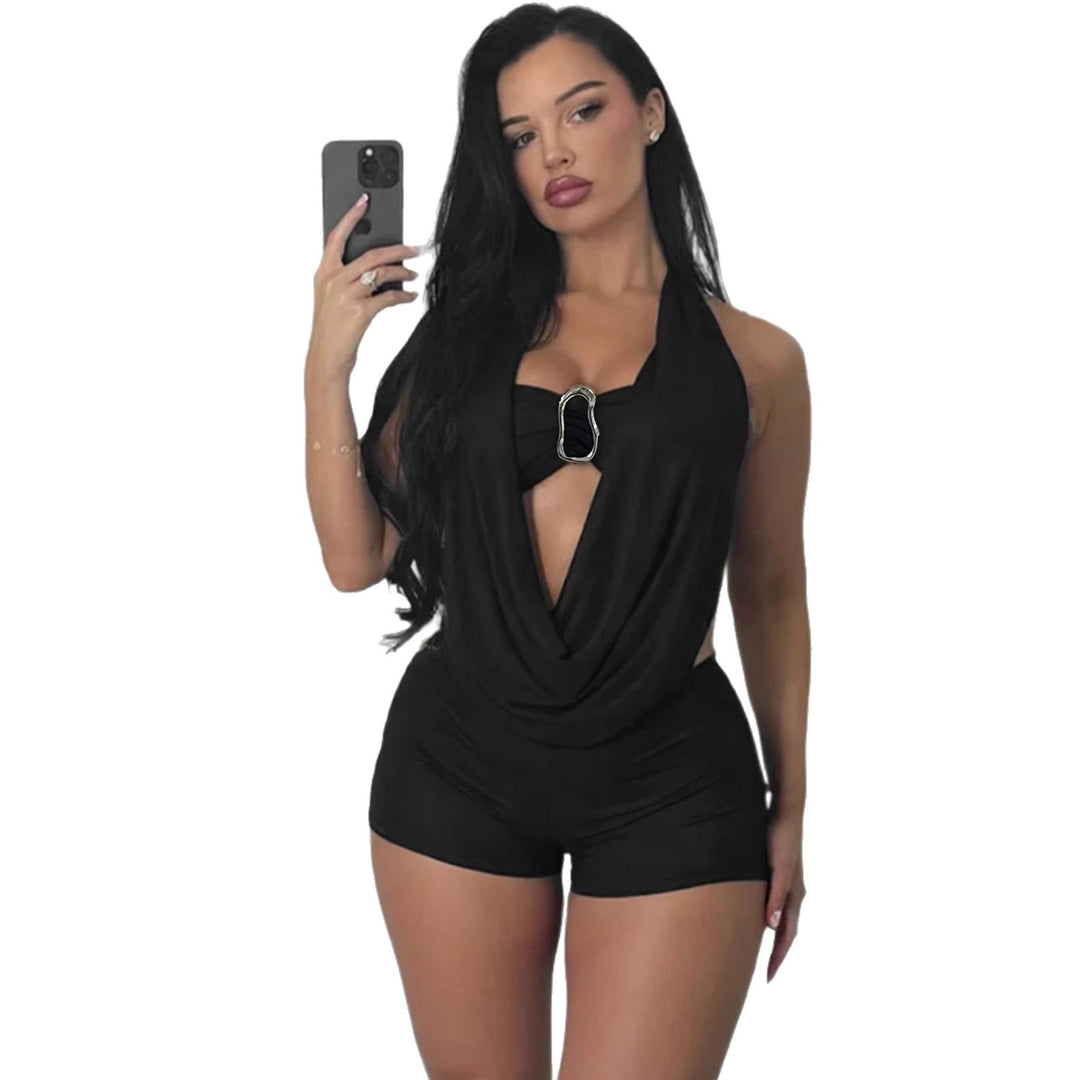 Ladies Elegant Jumpsuit with Deep V-Neck and Decorative Ring Detail Lune London