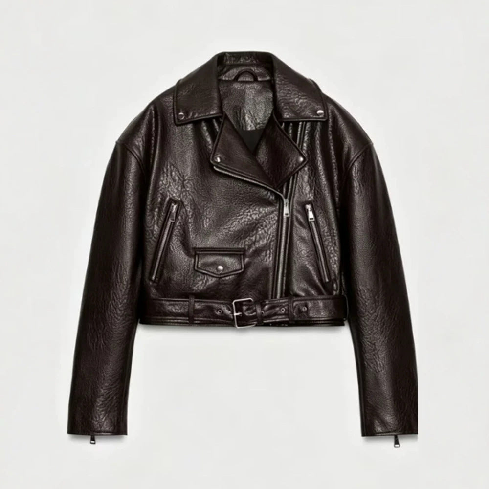 Women's short-cut biker jacket made of faux leather with a waist belt and asymmetrical zipper Amarae