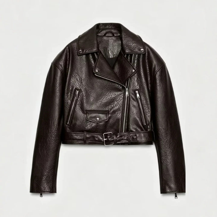 Women's short-cut biker jacket made of faux leather with a waist belt and asymmetrical zipper Amarae