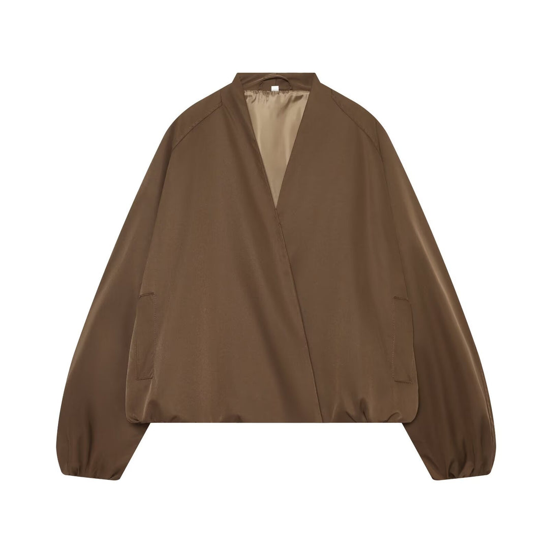Ladies Lightweight Cropped Bomber Jacket in Oversized Look with Open Shawl Collar Amarae