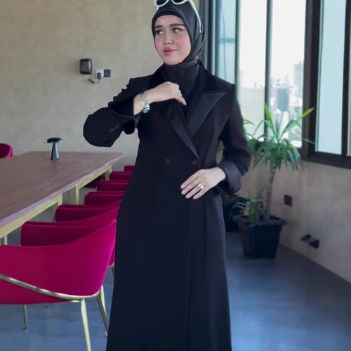 Ladies Elegant Evening Coat with Double-Breasted Buttons and Satin Accents Amarae
