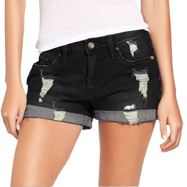 Women's fashionable destroyed denim shorts with rolled hem Lune London