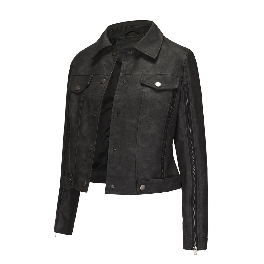 Trendy short jacket for women in faux leather with zip details Lune London
