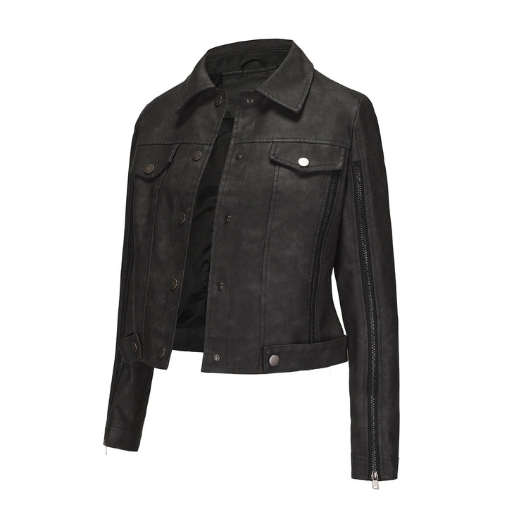 Trendy short jacket for women in faux leather with zip details Lune London