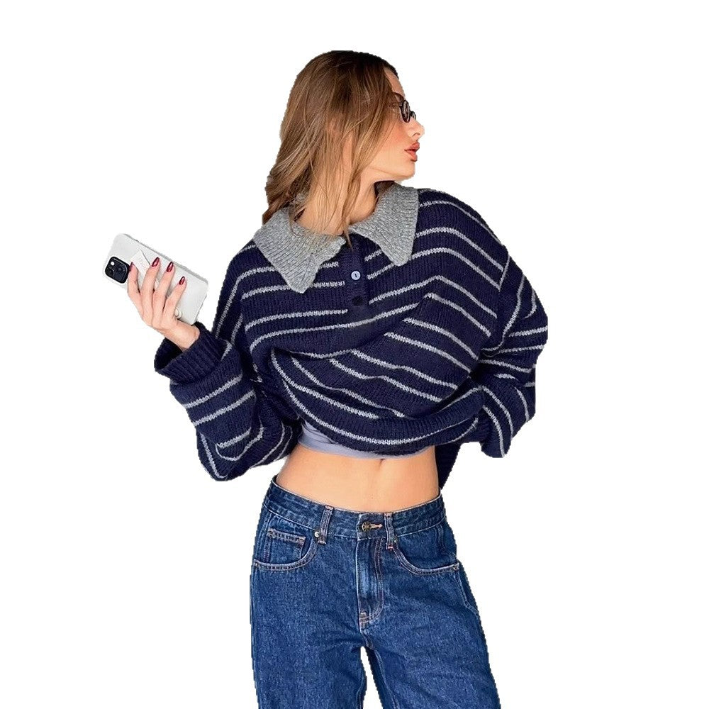 Women's Oversized Knit Sweater with Polo Collar & Stripe Pattern Amarae