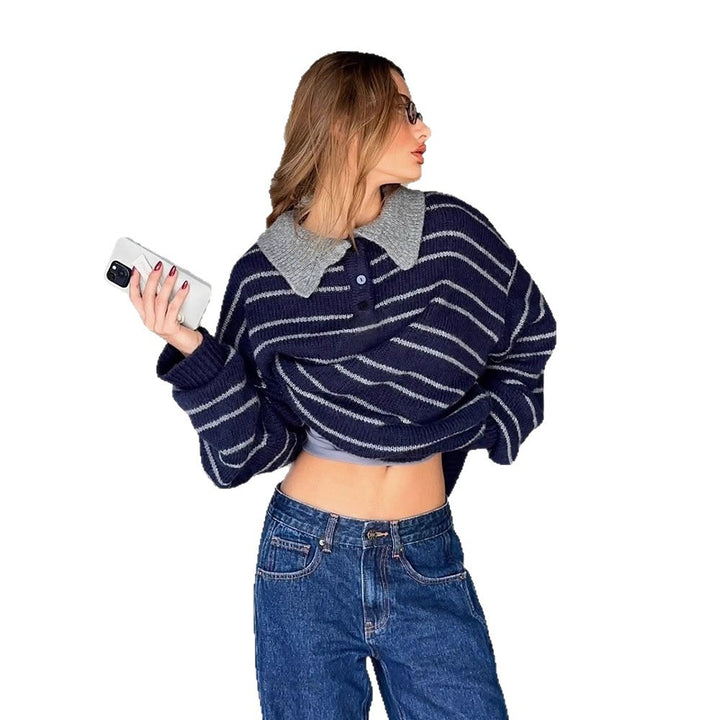 Women's Oversized Knit Sweater with Polo Collar & Stripe Pattern Amarae