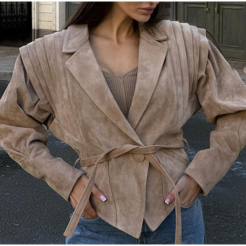 Elegant women's blazer with smooth shoulder details and tie belt Amarae