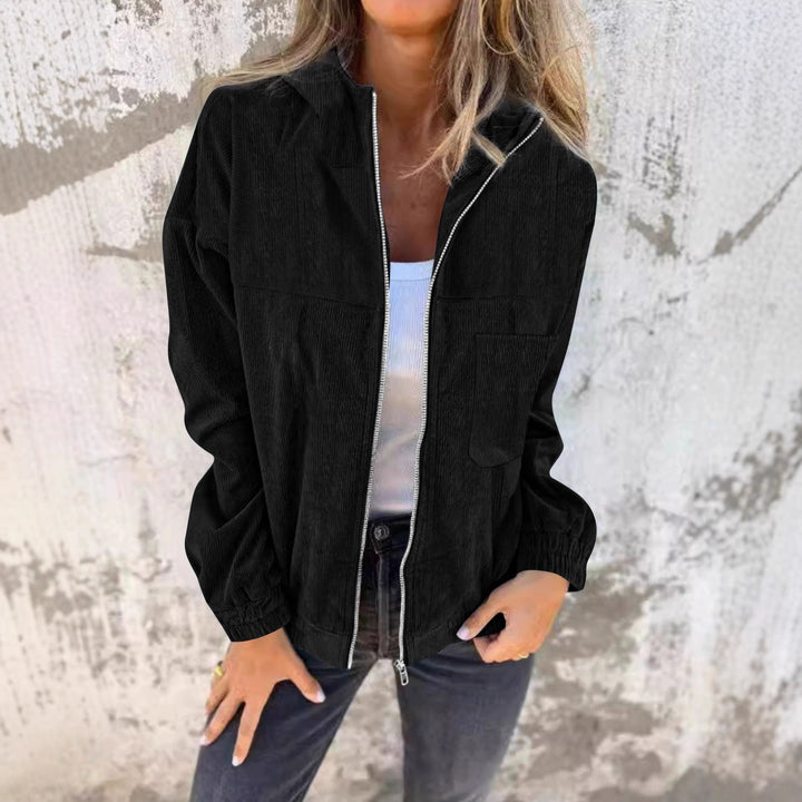 Cropped hooded jacket for women in high-quality corduroy fabric with practical pockets and elastic cuffs Lune London