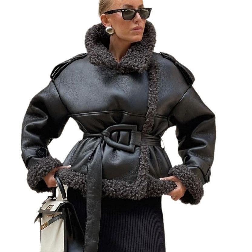 Women Short Sheepskin Imitation Flight Jacket with Waist Belt and Teddy Lining Amarae