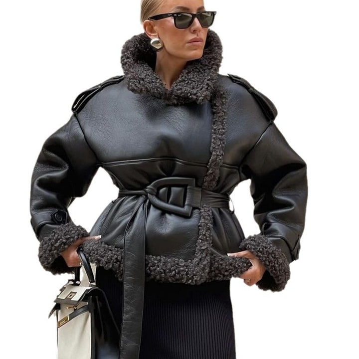 Women Short Sheepskin Imitation Flight Jacket with Waist Belt and Teddy Lining Amarae