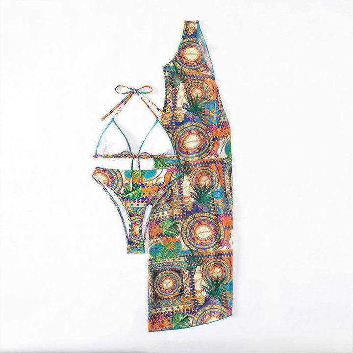 Lune London women's vibrant patterned swimsuit set with sheer cover-up