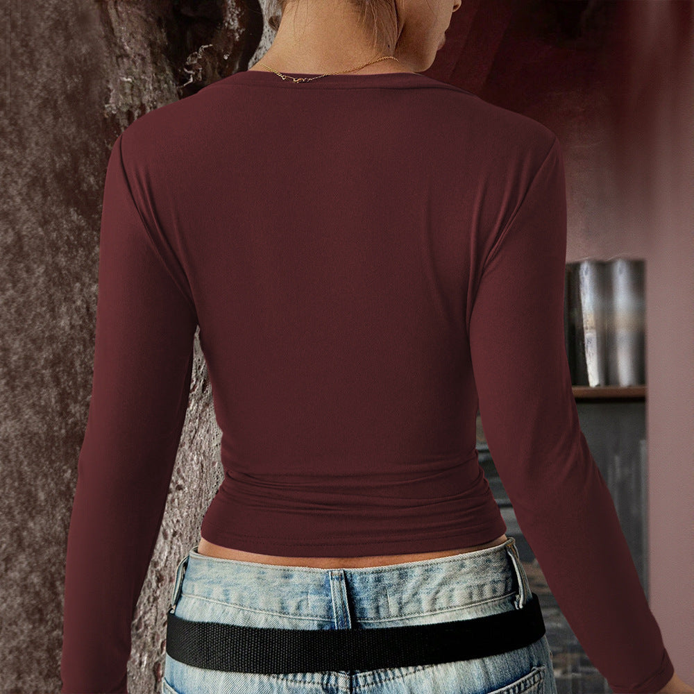 Chemise ajustée à manches longues pour femmes avec col en V et matériau élastique Chic & Stil