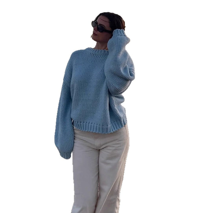 Women Oversize Chunky Knit Sweater with Balloon Sleeves and Wide Ribbed Collar Amarae