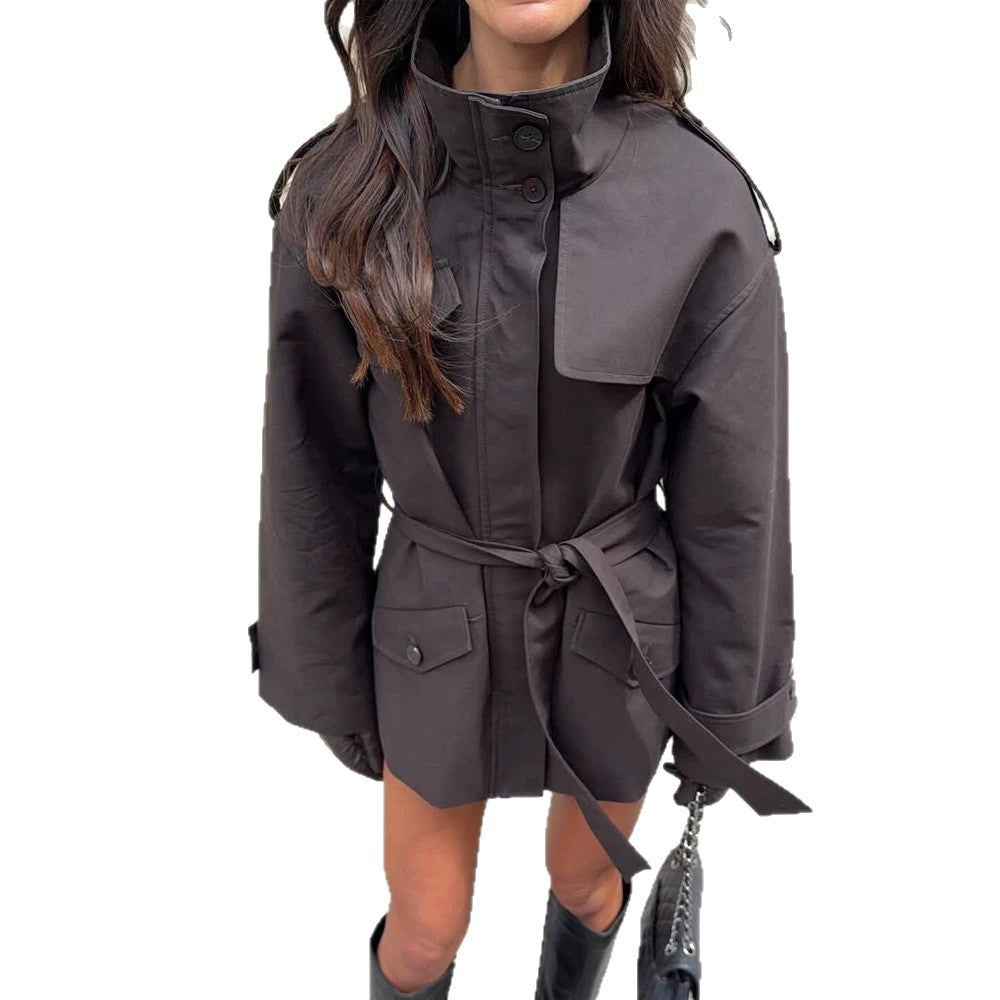 Women's Short Tailored Trench Jacket with Stand-Up Collar, Flap Pockets and Tie Belt Amarae