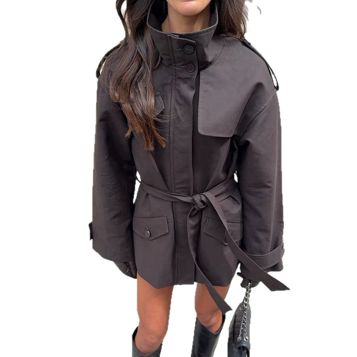 Women's Short Tailored Trench Jacket with Stand-Up Collar, Flap Pockets and Tie Belt Amarae