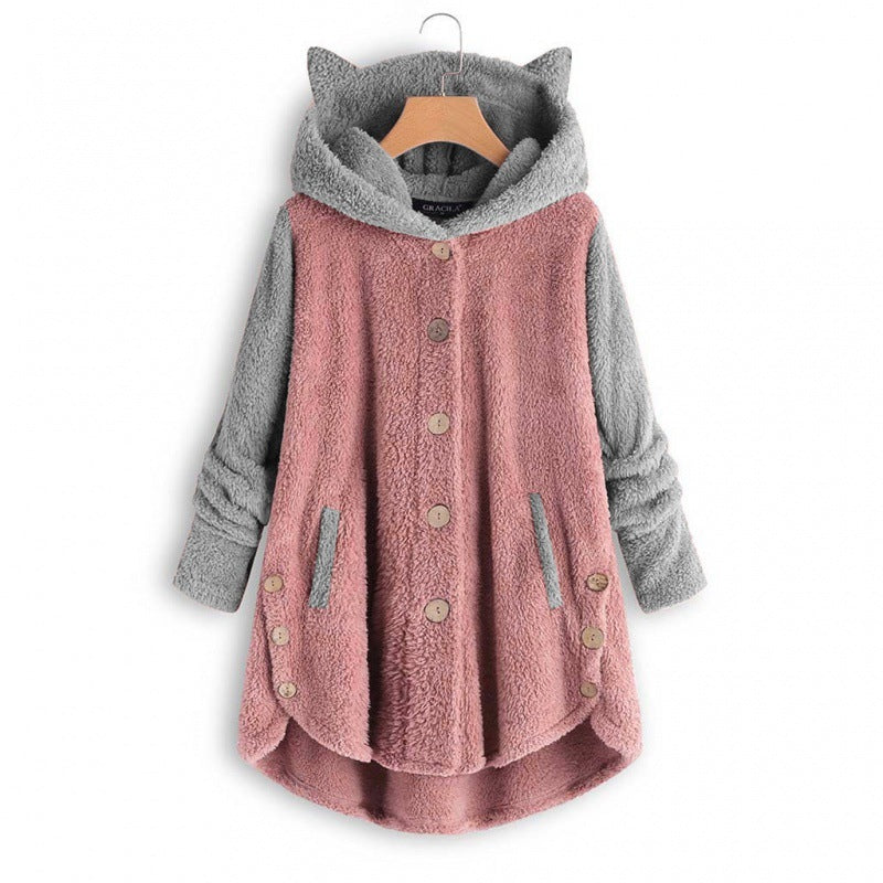Women's Cozy Hooded Teddy Jacket with Cat Ears, Wooden Button Details and High-Low Hem Amarae