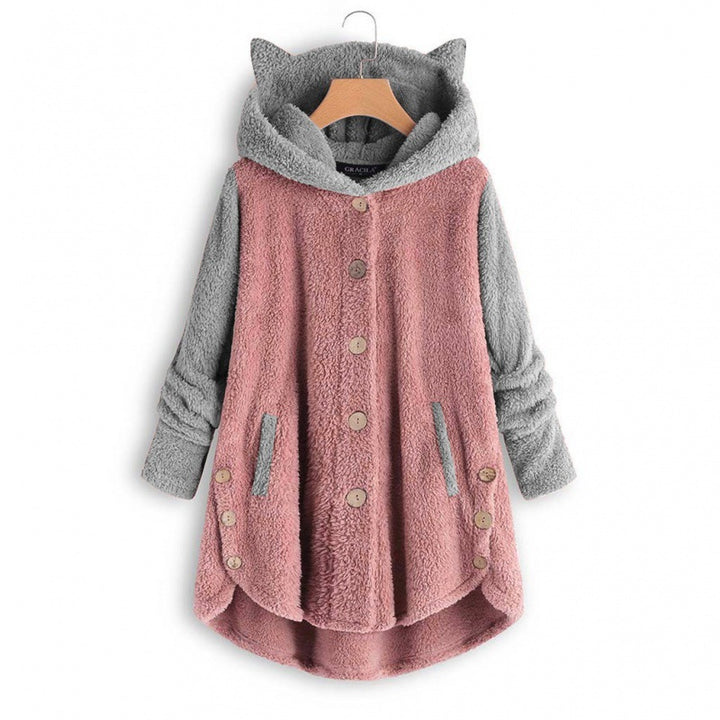 Women's Cozy Hooded Teddy Jacket with Cat Ears, Wooden Button Details and High-Low Hem Amarae