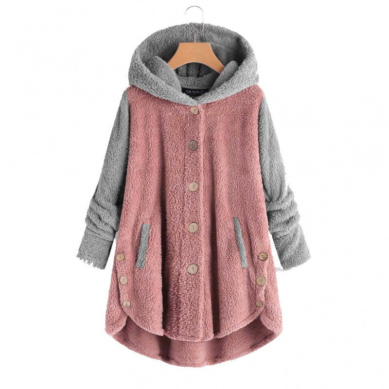 Women's Oversized Teddy Coat with Hood, Asymmetrical Zigzag Hem and Wooden Button Placket Amarae