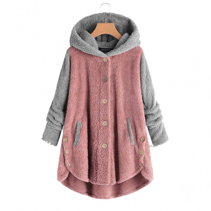 Women's Oversized Teddy Coat with Hood, Asymmetrical Zigzag Hem and Wooden Button Placket Amarae