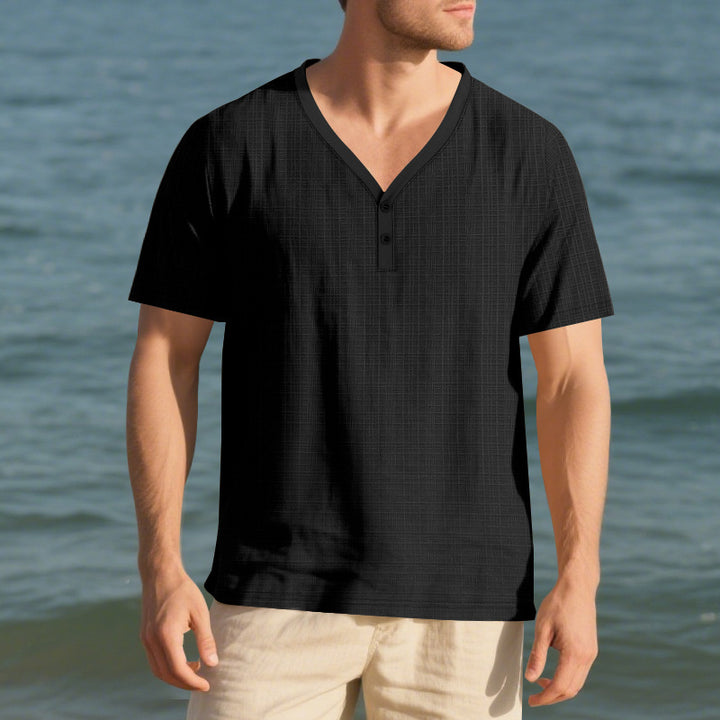 Men's short sleeve Henley shirt with textured design and stylish accents Lune London