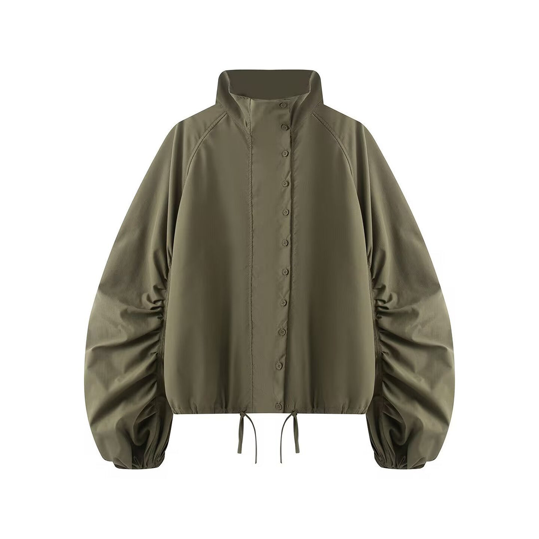 Women's transitional jacket with wide balloon sleeves, stand-up collar and drawstring.