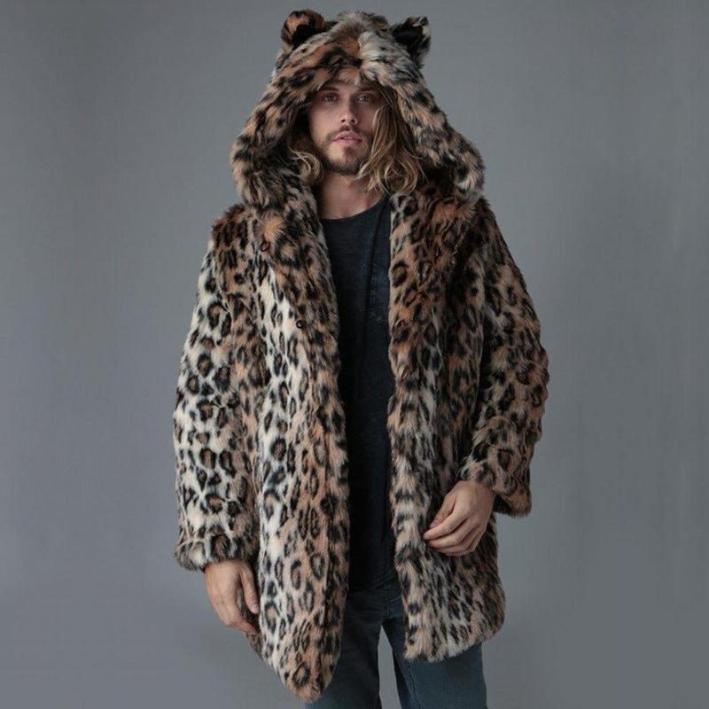 Men's Long Faux Fur Coat with Hood, Ear Application and Oversized Silhouette Amarae