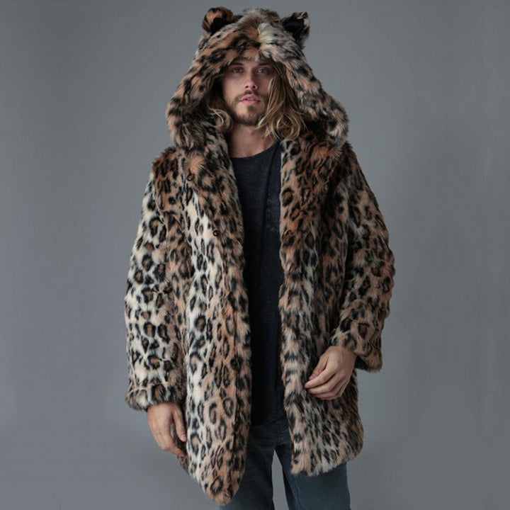 Men's Long Faux Fur Coat with Hood, Ear Application and Oversized Silhouette Amarae