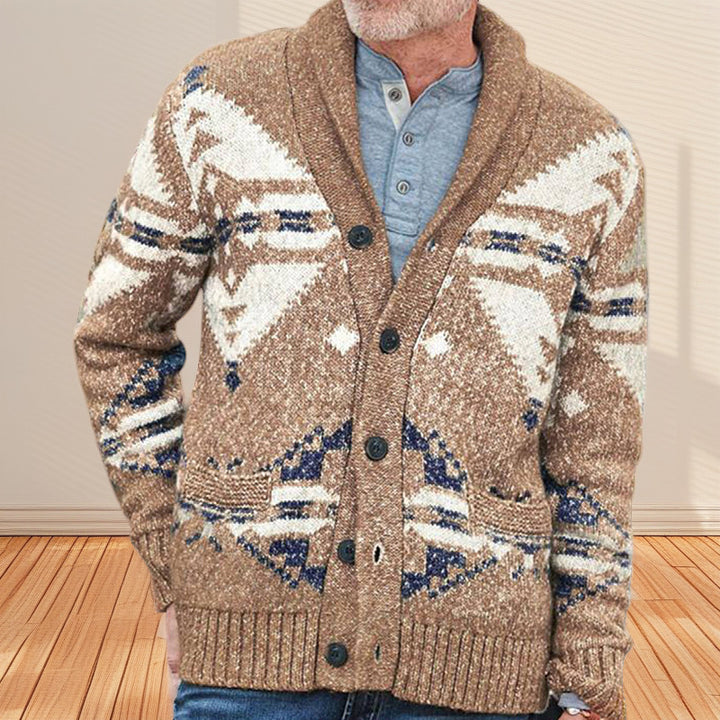 Men's knitted jacket with artistic pattern and practical pockets Lune London