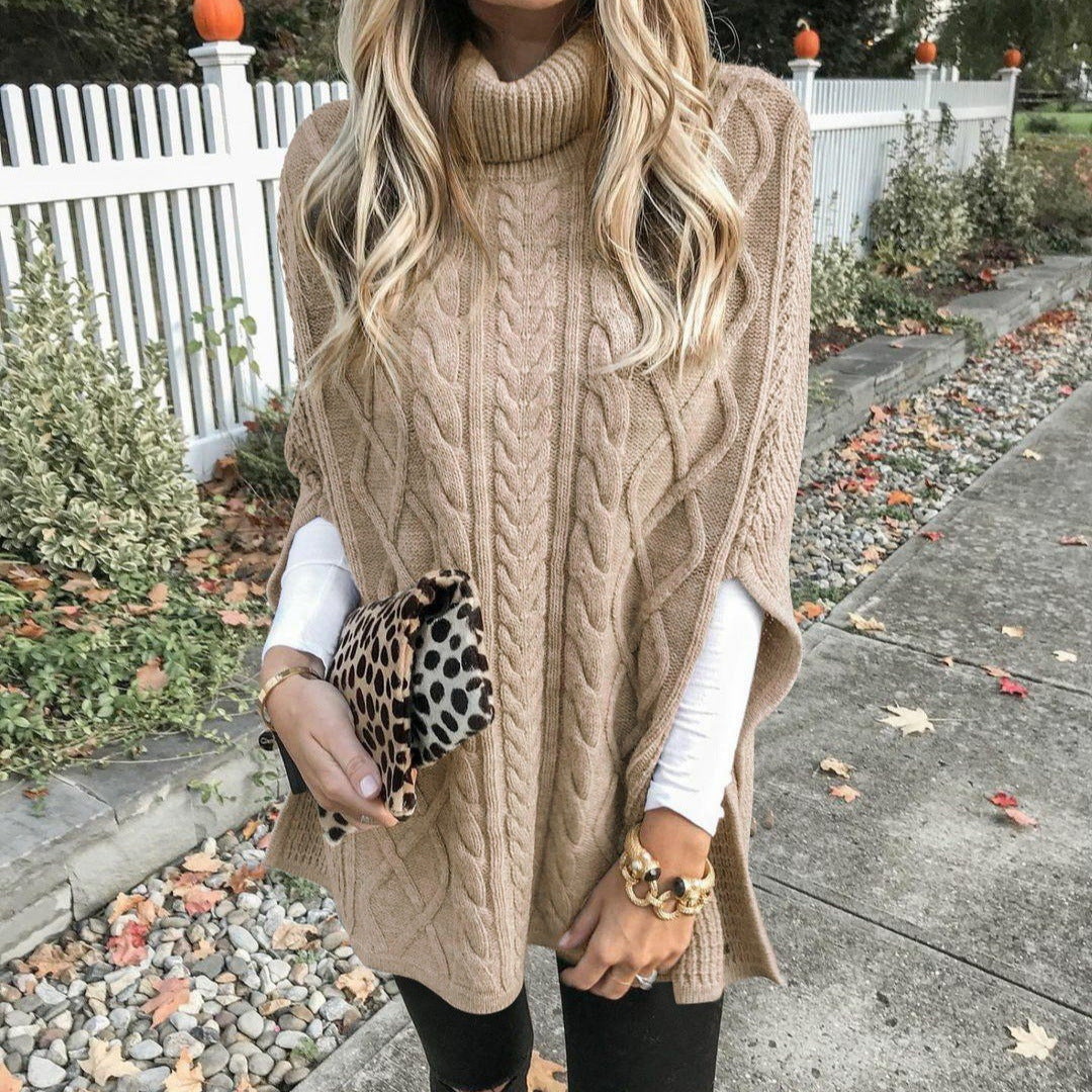 Women's Chunky Knit Poncho with High Collar and Cable Design Chic Und Stil