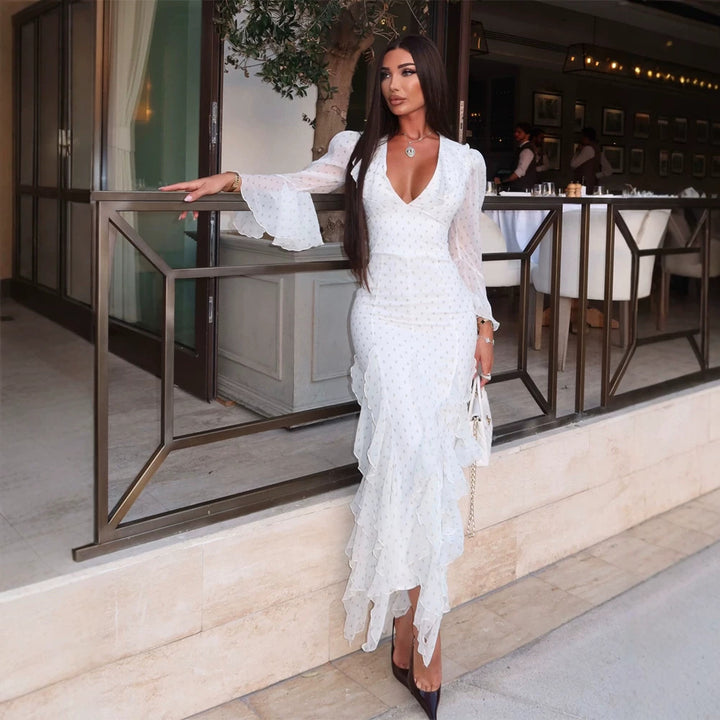Women's chiffon maxi dress with deep V-neck, transparent bell sleeves and tiered ruffles Amarae
