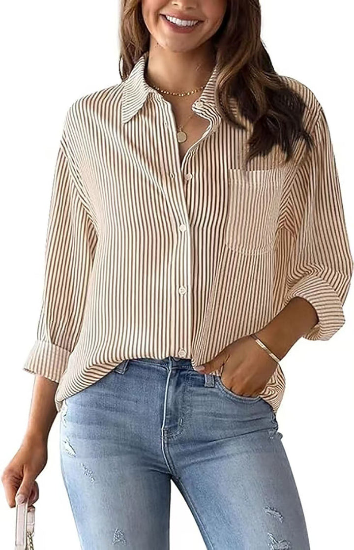 Ladies Loose Striped Shirt with Chest Pocket and Roll-up Sleeves Lune London