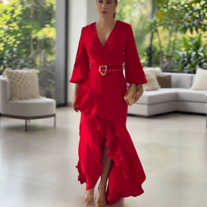 Women's Elegant Wrap Maxi Dress with Ruffles, Fitted Belt & Wide Bell Sleeves Amarae