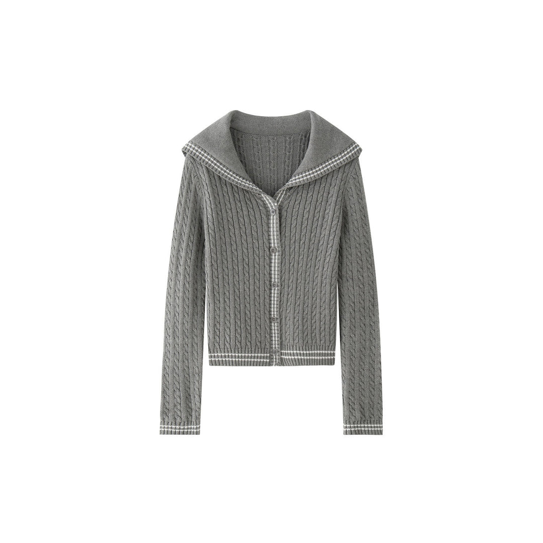Women's short-cut braid-knit cardigan with hood collar and contrast edges Amarae