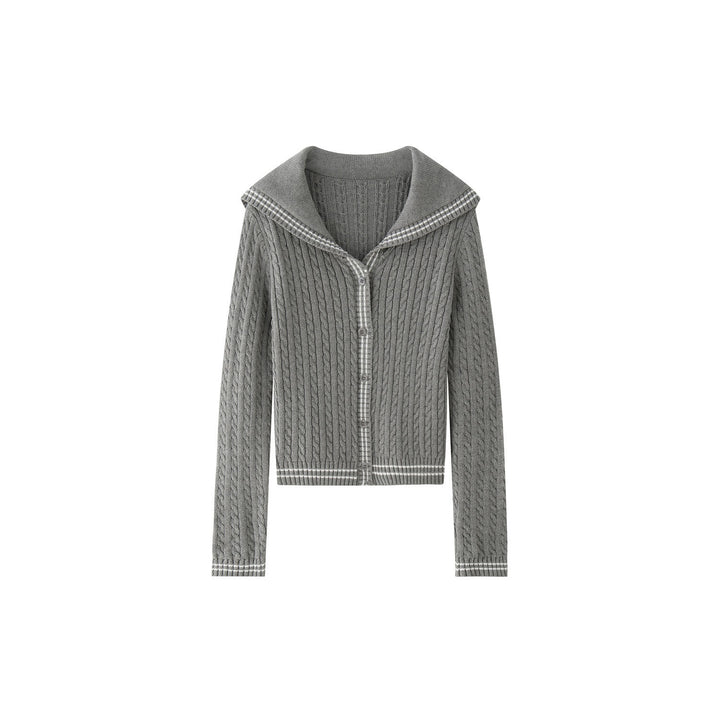 Women's short-cut braid-knit cardigan with hood collar and contrast edges Amarae