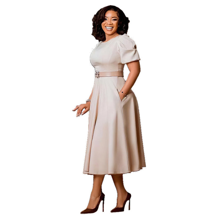 Midi dress for women with puff sleeves and a fitted belt Lune London