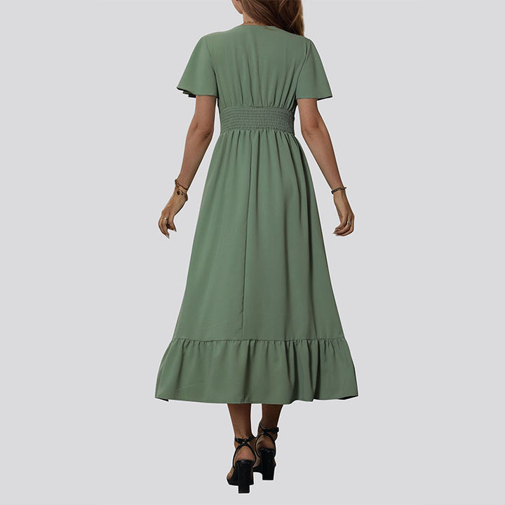 Fluid maxi dress for women with flutter sleeves and a button detail Lune London