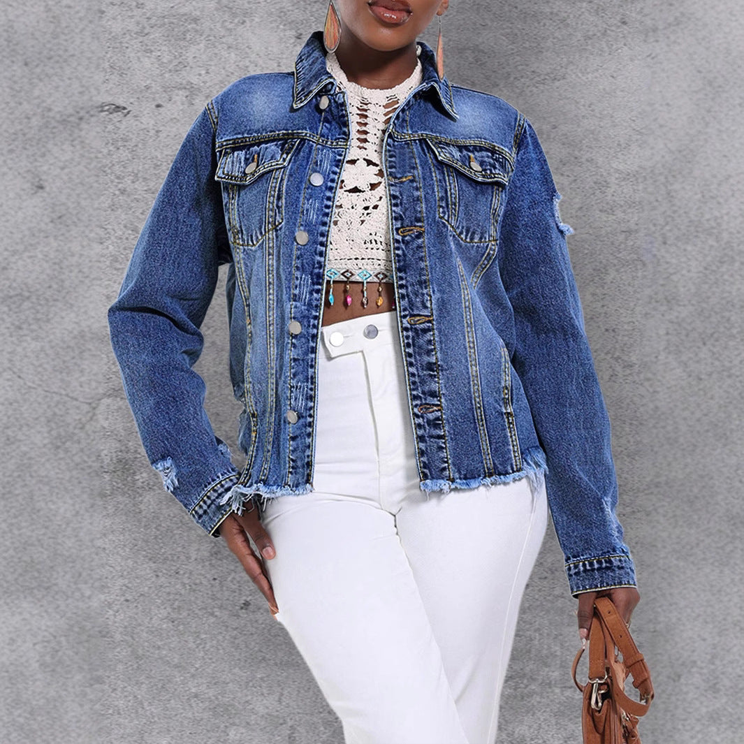 Women's Casual Denim Jacket with Distressed Details, Patch Chest Pockets and Frayed Hem Amarae