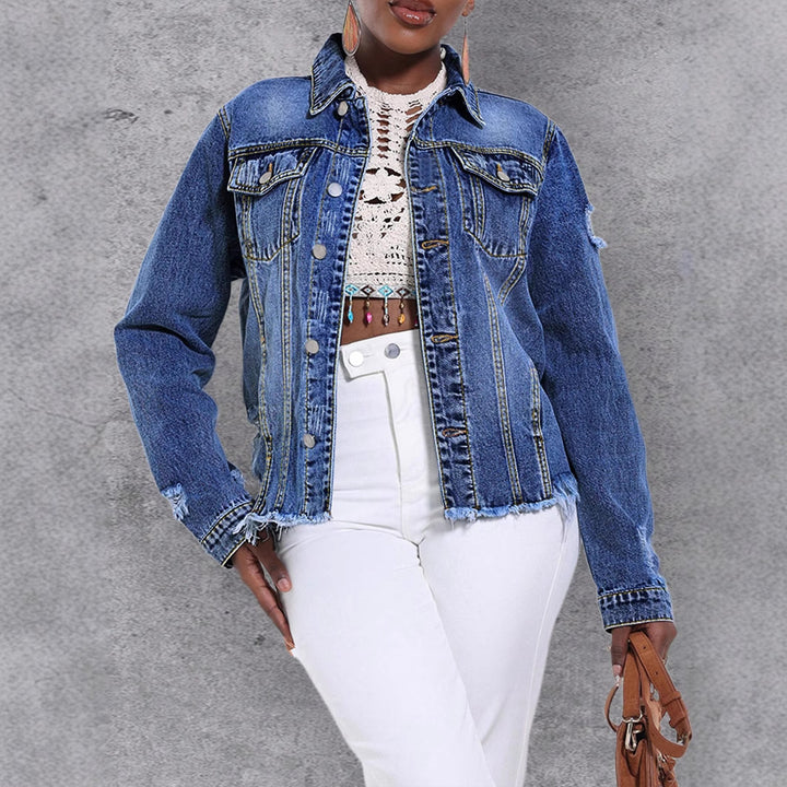 Women's Casual Denim Jacket with Distressed Details, Patch Chest Pockets and Frayed Hem Amarae
