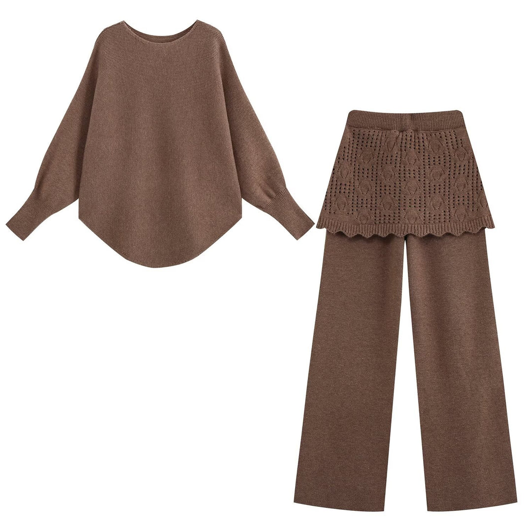 Ladies Two-Piece Knit Set with Oversized Sweater, Lace Pattern Mini Skirt and Wide Palazzo Pants Amarae