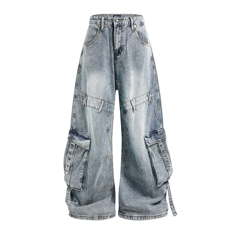 Women Wide Denim Cargo Culotte Pants with High Waist and Multifunctional Pockets Amarae