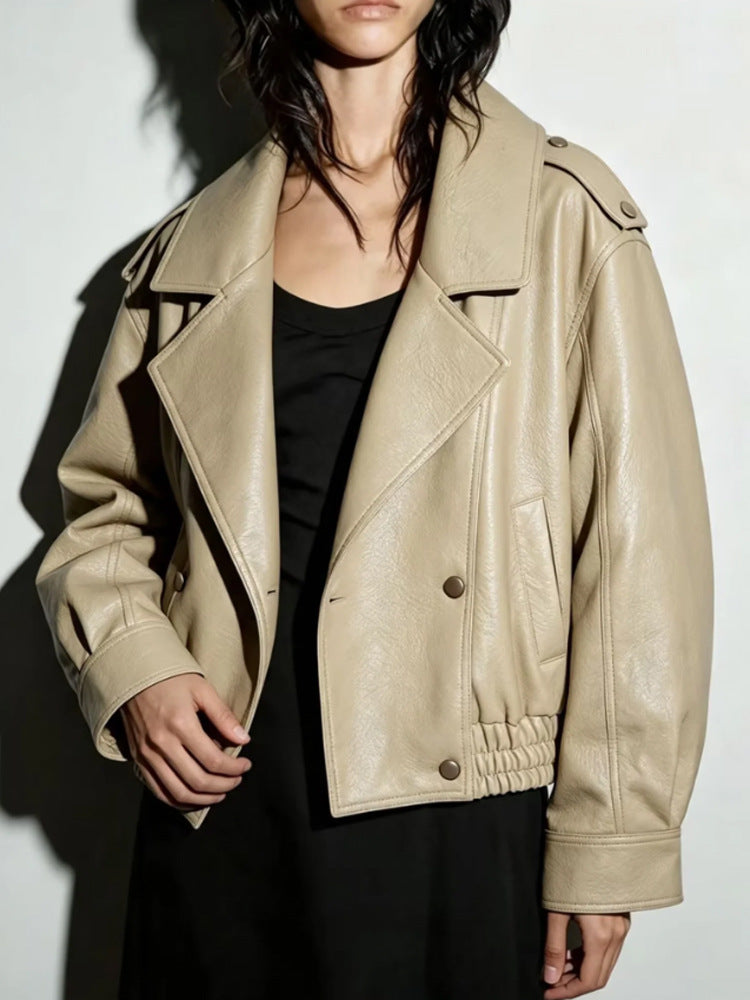 Women's Oversize Faux Leather Blouson with Double-Breasted Button Placket, Wide Lapels, and Elastic Hem Amarae