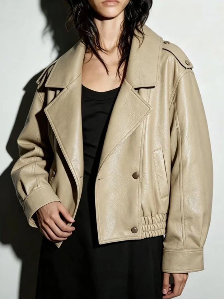 Women's Oversize Faux Leather Blouson with Double-Breasted Button Placket, Wide Lapels, and Elastic Hem Amarae