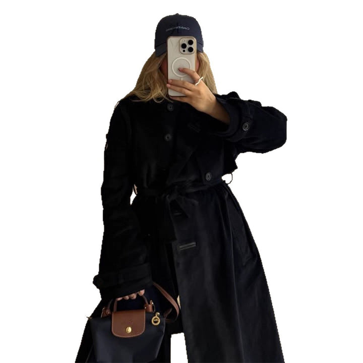 Women's longer cord trench coat with tie belt and oversized shoulders Amarae