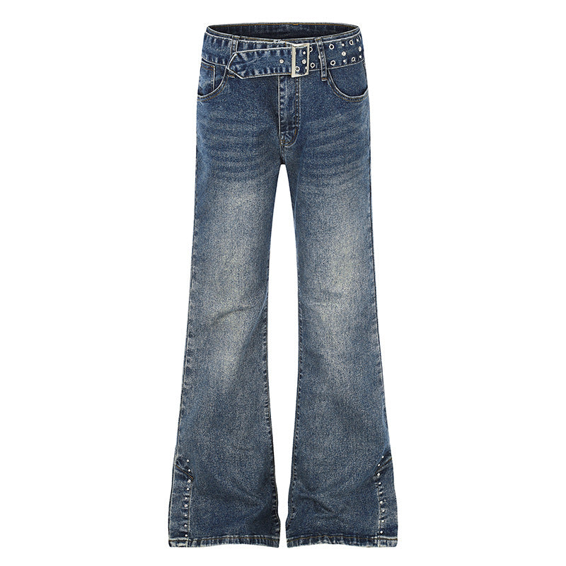 Women's High-Waist Flared Denim Jeans with Studded Detail, Wide Flare and Decorative Belt Amarae