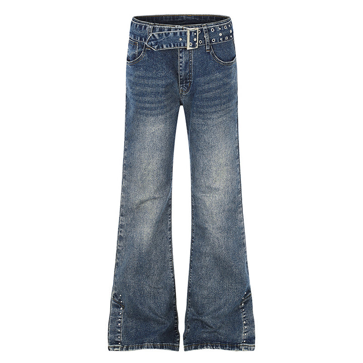 Women's High-Waist Flared Denim Jeans with Studded Detail, Wide Flare and Decorative Belt Amarae