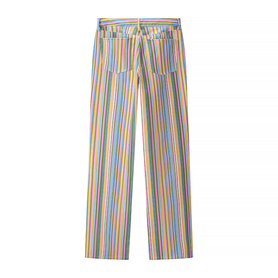 Women's straight-cut high-waisted pants with vertical multi-stripe pattern and five-pocket cut Amarae